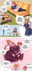 3girls bbw belly comic english_text feeding female female_only groan groaning_belly ilulu_(dragon_maid) kobayashi maid maid_outfit miss_kobayashi's_dragon_maid obese sauteedloin tohru_(dragon_maid) weight_gain yuri