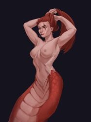 absurd_res apode black_background breasts draconcopode edvardiko female female_humanoid hair hands_above_head hi_res humanoid legless long_hair mouth_closed naga narrowed_eyes nipples nude pink_body portrait red_body red_eyes red_hair red_scales scales serpentine simple_background solo three-quarter_portrait