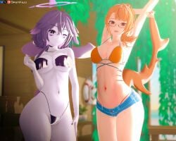 2girls armpits ass beach big_ass big_breasts bikini breasts earrings female fins gills hag hotpants indie_virtual_youtuber large_breasts light-skinned_female light_skin looking_at_viewer mako_fukasame mature_female megalodon_(vtuber) orange_hair outdoors purple_eyes purple_hair purple_skin red_eyes red_hair shark_girl shark_tail sharp_teeth smile spamkaju thick_thighs thighs virtual_youtuber vtuber