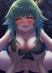 1boy absurdres arm_out_of_frame bare_shoulders black_tank_top blue_hair blush breasts breasts_squeezed_together censored cleavage collarbone commentary_request cowgirl_position cowgirl_position female grabbing_another's_breast green_hair groping hair_ornament highres kitakoji_hisui kitakoji_hisui_(2nd_costume) large_breasts long_hair looking_at_viewer mosaic_censoring multicolored_hair navel night nijisanji open_mouth outdoors penis pov pov_hands pussy sex sharp_teeth smile solo_focus straddling straight sweat tank_top tanu_(ace_ikachan) teeth tongue two-tone_hair upper_teeth_only vaginal_penetration very_sweaty virtual_youtuber yellow_eyes