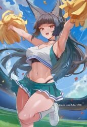 :d ai_generated animal_ear_fluff animal_ears armpits arms_up bare_shoulders black_choker black_hair black_panties blue_sky blunt_bangs breasts cheerleader choker cloud collarbone confetti crop_top day female fox_ears green_skirt highleg hikari406 holding holding_pom_poms hoshimi_miyabi large_breasts leg_up long_hair looking_at_viewer midriff miniskirt navel open_mouth outdoors panties panty_straps pleated_skirt pom_pom_\\\\\\\\(cheerleading\\\\\\\\) ponytail red_eyes shirt shoes skirt sky sleeveless sleeveless_shirt smile sneakers socks solo stadium standing standing_on_one_leg stomach thighs uncensored underwear very_long_hair white_footwear white_shirt white_socks zenless_zone_zero