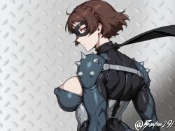 ai_generated areolae_slip arms_at_sides black_bodysuit black_scarf blue_bodysuit bonfen291 breasts brown_hair covered_nipples crown_braid female from_behind huge_nipples looking_at_viewer looking_back makoto_niijima mask medium_breasts metal_mask multicolored_bodysuit persona persona_5 persona_5_royal red_eyes scarf self_upload short_hair sideways_glance solo spiked_shoulder_pads