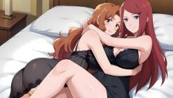 2girls ai_generated ass babydoll bed bedroom before_sex big_ass big_breasts bleach bleach:_the_thousand-year_blood_war blue_eyes blush brown_eyes brown_hair chemise cleavage crossover cuddling embrace hugging implied_yuri inviting_to_sex lingerie lipstick looking_at_viewer lying_on_back lying_on_bed lying_on_person lying_on_side masaki_kurosaki mature mature_female milf multiple_girls naruto naruto_(series) naruto_shippuden no_bra purple_eyes red_hair revealing_clothes shounen_jump skimpy skimpy_clothes sleepwear smile straight_hair threesome_invitation uzumaki_kushina wavy_hair xetriftstudios yuri