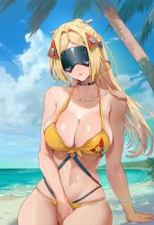 ai_generated arm_support bare_shoulders beach between_legs bikini black_choker blindfold blonde_hair blue_sky breasts choker cleavage closed_mouth cloud collarbone covered_eyes day female hair_ornament hand_between_legs headgear hikari406 large_breasts long_hair navel ocean outdoors palm_tree parted_bangs ponytail sitting sky smile solo stomach swimsuit thighs tree trigger_(zenless_zone_zero) uncensored yellow_bikini zenless_zone_zero