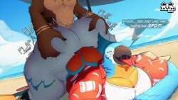 anthro ass ass_up avian beach beak big_butt big_muscles big_pecs bird blue_body blush breath_of_the_wild cheating cheating_husband clothed clothing digital_media_(artwork) duo feathers from_behind_position hi_res kass_(tloz) luvian_(luvian_art) luvian_art male male/male male_penetrated muscles muscular muscular_male nintendo pecs penetration rito sex size_difference smile tail the_legend_of_zelda
