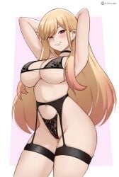 1girls armpits arms_behind_head big_breasts black_bra black_panties blonde_hair blush bra breasts brown_eyes choker cleavage ear_piercing earrings female female_only garter_belt garter_straps gyaru hair hioyami hips huge_breasts kitagawa_marin lace lace-trimmed_bra lace-trimmed_panties lace_trim lingerie long_hair neckwear panties smile solo solo_female sono_bisque_doll_wa_koi_wo_suru thick_thighs thighs wide_hips
