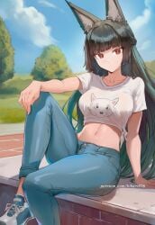 ai_generated animal_ear_fluff animal_ears arm_support black_hair blue_pants blue_sky blunt_bangs breasts closed_mouth cloud collarbone crop_top day denim female fox_ears hikari406 hoshimi_miyabi jeans knee_up long_hair looking_at_viewer medium_breasts midriff navel outdoors pants red_eyes shirt shoes short_sleeves sitting sky sneakers solo stomach t-shirt tied_shirt uncensored very_long_hair white_shirt zenless_zone_zero