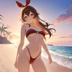 ai_generated amber_(genshin_impact) ass_visible_through_thighs bandeau bare_arms bare_shoulders beach bikini blush breasts breath brown_eyes brown_hair cloud collarbone contrapposto cowboy_shot crossed_bangs female female floating_hair genshin_impact gradient_sky groin hair_between_eyes hair_ribbon hairband highleg highleg_bikini long_hair looking_at_viewer medium_breasts navel o-ring o-ring_bikini ocean outdoors palm_tree parted_lips red_bikini red_ribbon ribbon sand skindentation sky solo standing stomach strapless strapless_bikini sunset swimsuit thighs tree underboob water wet