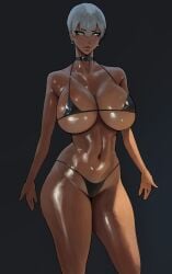 1girls beauty_mark beuto big_breasts bikini black_bikini blue_eyes bob_cut choker dark-skinned_female dark_skin earrings huge_breasts mole mole_under_mouth original original_character short_hair solo swimsuit thick thick_thighs thighs toned toned_female white_hair