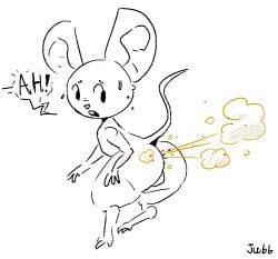 2023 anthro anus artist_name ass backsack balls barely_visible_anus big_butt big_ears bodily_fluids buckteeth dialogue embarrassed exclamation_point fart fart_cloud frown genitals jubb looking_back male mammal mouse mouse_ears mouse_tail murid murine nude_anthro nude_male open_frown open_mouth orange_fart_cloud raised_tail rear_view rodent simple_background solo speech_bubble surprise sweat sweatdrop tail teeth text white_background worried