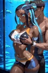 1boy 1girls abs ai_generated aqua_hair aquarium armband armlet arms_behind_back bare_shoulders belly_chain bike_shorts bikini black_hair blue_eyes blue_eyeshadow blue_hair breasts cleavage collarbone covered_nipples cowboy_shot crop_top dark-skinned_female dark_skin deep_skin dolphin earrings eyeliner eyeshadow female fish forehead grabbing grabbing_another's_breast grabbing_from_behind groping hair_bun hoop_earrings jewelry large_breasts licking long_hair looking_at_viewer makeup male meitabuu multicolored_hair naughty_face navel necklace nessa_(pokemon) nintendo patreon_username pokemon pokemon_ss seductive_smile shark short_hair shorts sidelocks single_hair_bun skindentation smile sports_bra sportswear stomach straight sweat swimsuit tankini thighs toned tongue tongue_out topless_male two-tone_hair underwater water wristband