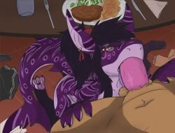 anthro duo eyewear fellatio female fish food glass glasses hi_res male male/female marine marks_on_body oral pampassa paws penile pink_eyes purple_body sex shark under_the_table