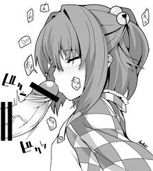 1boy apron bar_censor bell blush bow censored checkered closed_eyes fellatio female greyscale hairbow jingle_bell kabun_(suzuna_jct) kissing kosuzu_motoori monochrome oral penis penis_kiss simple_background straight touhou veins veiny_penis white_background