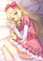 bangs bed_sheet blonde_hair blush bow criss-cross_halter dress drill_hair embarrassed eromanga_sensei eyebrows_visible_through_hair female frilled_bow frills hairband hairbow halterneck highres layered_sleeves legs_together long_hair long_sleeves looking_at_viewer lying on_side panties panties_around_leg parted_bangs petticoat pink_dress pink_panties pointy_ears pussy_juice pussy_juice_stain red_hairband sash shiny shiny_skin socks solo tomifumi underwear very_long_hair white_bow white_legwear yamada_elf