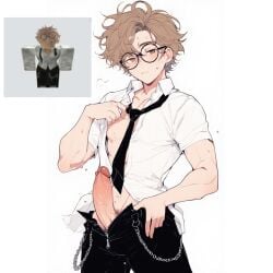 abs ai_assisted ai_generated big_penis black_pants blonde_hair button_shirt chains explicit eyeglasses femboy first_post glasses hot male muscular muscular_arms muscular_male nerd nerdy nerdy_male noahthefem original_character penis roblox robloxian sweatdrop tie twink unbuttoned_pants unbuttoned_shirt veiny_penis zipper_down