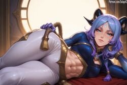 1girls ai_generated blue_eyes blue_hair female female female_only fit_female looking_at_viewer lying lying_on_side medium_breasts multicolored_hair navel patreon purple_hair salupai solo solo_female stomach thick_thighs thighs tight_clothing uncensored watermark yunara yunara_(league_of_legends)
