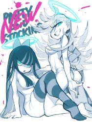 2girls angel big_breasts blue_eyes breasts busty clever_censor english_text female hair_covering_breasts halo kaeritai07 kneeling nearly_nude panties panty_&_stocking_with_garterbelt panty_anarchy perky_breasts sisters sitting stocking_anarchy stockings