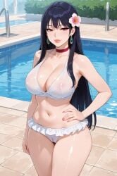 ai_generated armpit_crease bangs bikini cameltoe choker cleavage dark_hair earrings female flower_in_hair frills frilly_panties hair_between_eyes halter_bikini hand_on_hip nipples_visible_through_clothing poolside red_choker rgomez007 seductive_look solo_female stable_diffusion swimming_pool thick_lips thick_thighs very_long_hair wide_hips
