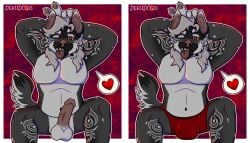 2025 5_fingers anthro arm_markings arms_bent artist_name balls bent_legs black_body black_fur black_tail border boxers_(clothing) boxers_only brown_inner_ear brown_nose brown_pawpads brown_penis brown_tongue claws clothed clothed_anthro clothed_male clothing colored corrupt_(corrupthyena) dekudog digital_drawing_(artwork) digital_media_(artwork) ear_piercing ear_ring english_description erection eyebrow_through_hair eyebrows fangs featureless_chest finger_claws fingers fluffy fluffy_tail fur genitals grey_balls grey_body grey_claws grey_eyebrows grey_fur grey_hair grey_markings grey_tail hair hair_on_shoulders hand_pawpads hands_behind_head heart_symbol hi_res hyena leg_markings light lighting looking_at_viewer male mammal markings medium_hair multicolored_body multicolored_fur multicolored_tail multiple_scenes navel nude_anthro nude_male one_eye_closed outline pawpads pecs penis piercing pupils red_background red_boxers red_clothing red_eyes red_underwear ring_piercing shaded simple_background sitting smile smiling_at_viewer solo speech_bubble spread_legs spreading tail teeth text tongue tongue_out topless topless_anthro topless_male translucent translucent_hair underwear underwear_only white_border white_outline white_pupils