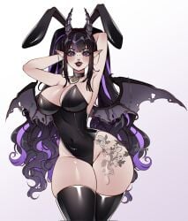 big_breasts black_hair breasts cleavage collar female horns large_breasts purple_hair rebthgin tagme two_tone_hair wings