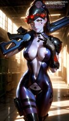 ai_generated areola_slip black_footwear black_gloves black_panties bodysuit boots breasts center_opening choker cleavage closed_mouth collarbone colored_skin earrings female gloves gun hallway head-mounted_display holding holding_gun holding_weapon holster indoors jewelry large_breasts lips long_hair looking_at_viewer makeup meitabuu navel nipple_slip nipples over_shoulder overwatch overwatch_2 panties plunging_neckline ponytail pubic_tattoo purple_bodysuit purple_hair purple_lips purple_skin rifle shiny_clothes skin_tight sniper_rifle solo stud_earrings tattoo thigh_boots thigh_gap thigh_holster thigh_strap underwear v weapon weapon_over_shoulder widowmaker widowmaker_(overwatch) yellow_eyes