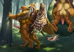 absurd_res anal anthro anus ass avian ball_slap balls balls_deep blush bodily_fluids cum dead.akira deity duo egyptian_mythology feathered_wings feathers forest forest_background genital_fluids genitals golden_axe_(series) gryphon hi_res hieracosphinx horus horus_(heka-heru) hybrid king_eve_(golden_axe_3) knot leaning_on_object male male/male male_penetrated male_penetrating male_penetrating_male middle_eastern_mythology mythological_avian mythological_creature mythology nature nature_background orgasm penetration plant sega sex slap standing standing_sex tree wide_eyed wings