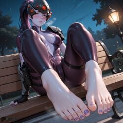 ai_generated benj17 colored_skin feet female foot_fetish foot_focus foot_worship nude overwatch shiny_skin soles solo stable_diffusion sweat toes uncensored watermark widowmaker