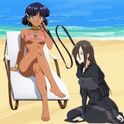 1:1_aspect_ratio 2girls arm_support bangs barefoot beach bent_knees bikini black_dress black_hair blush bob_cut bondage bracelet breasts brown_eyes brown_hair chair clavicle closed_mouth clothing cloud covered_erect_nipples crossed_legs dark-skinned_female dark_skin day dominant dominant_female_submissive_female domination dress earrings erect_nipples erect_nipples_under_clothes feet female femdom footwear fushigi_no_umi_no_nadia green_eyes hair_ornament hair_over_one_eye hairclip happy happy_dom high_resolution holding holding_leash hoop_earrings humiliation jewelry large_breasts leash leashed legs long_hair looking_at_viewer medium_breasts micro_bikini multiple_girls nadia_la_arwall navel neck_ring necklace nipples ocean outdoors pendant pink_bikini pink_swimsuit public public_humiliation purple_hair relaxed relaxing sad_sub sand short_hair sitting sky slave slavegirl smile submissive swimsuit thighs toes underboob water whip