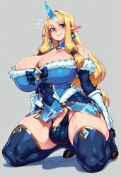 2d ai_generated blonde_female blonde_hair breasts bulge_under_clothes curvaceous curvy curvy_figure female futanari gravure_soraka horn huge_breasts intersex league_of_legends massive_breasts soraka tagme thick_thighs