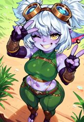 2d ai_generated curvy curvy_figure female from_above gravure_soraka grin hands_on_v league_of_legends looking_at_viewer shortstack tagme tristana white_hair wink yordle