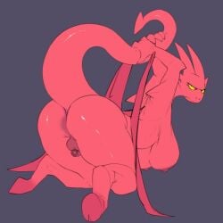 ass breasts female horns large_breasts lucia_(satina) monster_girl nude pink_skin red_skin satina satina_wants_a_glass_of_water solo tail yellow_eyes