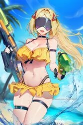 ai_generated arm_strap bare_shoulders beach bikini bikini_skirt black_choker blonde_hair blue_sky breasts choker cleavage collarbone covered_eyes day female fingerless_gloves frilled_bikini frills gloves hair_ornament headgear hikari406 holding holding_water_gun large_breasts long_hair navel ocean open_mouth outdoors parted_bangs ponytail skindentation sky smile solo stomach swimsuit thigh_strap thighs trigger_(zenless_zone_zero) uncensored water water_gun yellow_bikini zenless_zone_zero
