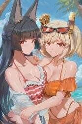 2girls ai_generated animal_ear_fluff animal_ears asymmetrical_docking bare_shoulders beach bikini black_hair blonde_hair blue_sky blunt_bangs braid breast_press breasts burnice_white cleavage closed_mouth collarbone day eyewear_on_head female fox_ears frilled_bikini frills grin hair_ornament hand_on_another's_shoulder hikari406 hoshimi_miyabi large_breasts long_hair looking_at_viewer medium_breasts multiple_girls navel ocean off_shoulder orange_bikini orange_eyes outdoors palm_tree red_bikini red_eyes sarong shirt short_hair sky smile striped_bikini striped_clothes sunglasses swimsuit tree uncensored upper_body very_long_hair white_shirt zenless_zone_zero