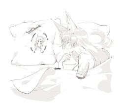 2girls amputated_arm bite_mark comedy drained female fox_ears fox_girl hoshimi_miyabi maiqo monochrome pillow scars sleeping tsukishiro_yanagi watermark yuri zenless_zone_zero