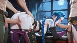 1boy absurd_res ai ai_art ai_generated arcane arcane_jinx ass_up azure993 blowjob blowjob_while_penetrated blue_hair braided_hair breasts doggy_style erection fellatio female female_focus from_behind from_behind_position gigantic_cock gigantic_dick girly hi_res high_quality high_resolution highres indoors jewelry jinx_(league_of_legends) large_cock large_dick league_of_legends lips lipstick long_hair looking_at_viewer looking_down makeup male moaning moaning_in_pleasure monster_cock monster_dick multiple_boys nipples nude open_mouth pants_down parted_lips penis purple_eyes pussy riot_games ripped_clothing sex solo_focus spitroast spread_legs straight striped_legwear testicles thighs twintails uncensored