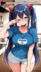 1girls 2025 ai_assisted ai_generated anime artist_name big_breasts big_breasts big_breasts big_chest blue_hair blue_shirt blush breast breasts breasts breasts bust busty chest clothed_female collarbone fairy_tail female_focus female_only hair_between_eyes hi_res high_quality high_resolution highres large_breasts long_hair one_eye_closed patreon patreon_username shirt shorts skypassion solo stable_diffusion thighs twintails very_long_hair watermark wendy_marvell white_shorts