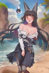 ai_generated animal_ear_fluff animal_ears bare_shoulders beach black_hair black_pantyhose black_skirt blue_sky blunt_bangs blush breasts cleavage cloud collarbone day embarrassed feet_out_of_frame female fox_ears gloves hikari406 hoshimi_miyabi large_breasts long_hair long_sleeves mechanical_arms multicolored_hair ocean oerba_yun_fang off_shoulder open_mouth outdoors pantyhose pleated_skirt red_eyes shirt single_glove skirt sky solo trembling uncensored water wet white_shirt zenless_zone_zero
