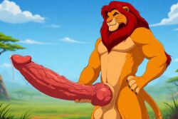abs ai_generated anthro balls big_balls big_penis cock cocky69 disney excessive_size furry knot knotted_penis landscape lion lion_humanoid long_cock long_penis male muscles muscular muscular_anthro muscular_male pecs penis simba_(the_lion_king) the_lion_king veiny_balls veiny_cock veiny_knot veiny_penis