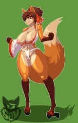 4_toes anthro areola batartcave big_breasts breasts brown_hair canine clothed clothing female footwear fox fur hair mammal midriff navel nipples open_toe_shoes orange_fur pixel_art pubes pussy red_eyes rimi_(triuni) shoes simple_background skimpy smile solo standing toes underwear