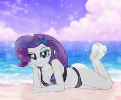 1girls 2025 5_fingers accurate_art_style beach bikini blue_eyes cleavage cloud deviantart deviantart_link diamond_hair_ornament emeraldblast63 equestria_girls female hair_ornament human humanized humanized_pony light-skinned_female light_skin looking_at_viewer lying_on_sand my_little_pony no_ai pale-skinned_female pale_skin purple_bikini purple_bra purple_hair purple_panties purple_sky purple_striped_panties purple_toenails rarity_(eg) sand solo striped_bikini striped_bikini_bottom striped_bikini_top striped_panties summer water western_cartoon white_body white_skin