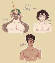 3boys anthro areola areolae beefy big_nipples big_pecs blank_expression blank_eyes blue_eyes bust_portrait dark_hair digital_media digital_media_(artwork) down_syndrome green_eyes happy horn human jadakira_the_slave lineup male_only man_boobs man_tits mantits milan_morgenstern minoan monodontid mr_shrink muscular muscular_male narwhal nikolai_nygard original original_character pale_skin pecs pectoral_focus pectorals shiny_nipples shiny_skin slave tan_body tan_skin topless tusk unhappy