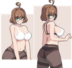 big_breasts big_titties breasts brown_hair clothing curvaceous curvaceous_female curvaceous_figure curvy curvy_figure curvy_hips female female_focus female_only glasses lingerie looking_at_viewer original original_character pixel_art seiko093 short_hair underwear