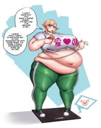 1girls bbw belly blonde_hair chubby chubby_female elf elf-san_wa_yaserarenai elf_ears elfuda english_text female fries sauteedloin scale weight_gain