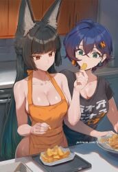 2girls ai_generated animal_ear_fluff animal_ears apron bare_shoulders belle_(zenless_zone_zero) black_hair black_shirt blue_hair blunt_bangs braid breasts cleavage collarbone earrings eating food fox_ears green_eyes hair_ornament hikari406 holding holding_food hoshimi_miyabi jewelry large_breasts long_hair multiple_girls naked_apron red_eyes shirt short_hair short_sleeves t-shirt uncensored zenless_zone_zero