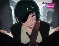 1boy 1girls after_fellatio ai_generated black_hair black_jacket black_necktie black_suit blue_eyes blush breasts chainsaw_man collared_shirt cum cum_in_mouth cum_on_hair cum_on_tongue dark-skinned_male dark_skin erection eyepatch facial fellatio female formal green_hair himeno_(chainsaw_man) jacket large_penis looking_at_viewer male necktie one_eye_covered open_mouth oral outdoors pants penis pov rubble ruins shirt short_hair smile solo_focus straight suit teeth tongue tongue_out uncensored veins veiny_penis violetjoi white_shirt