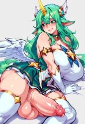 2d ai_generated balls breasts curvy curvy_figure female futanari gravure_soraka green_hair hi_res horn horny_female huge_ass huge_balls huge_breasts huge_cock intersex league_of_legends lying massive_breasts nervous penis soraka star_guardian_soraka tagme wings