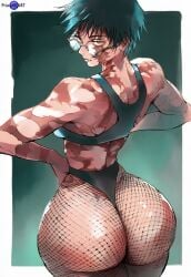 1girls ai_generated athletic athletic_female big_ass burn_scar color female_only femalejujutsu_kaisen fishnets from_behind glasses green_background green_hair huge_ass jujutsu_kaisen looking_back muscular muscular_male narrow_waist priestofart short_hair simple_background solo solo_female tagme tagme_(artist) tagme_(character) thick_thighs watercolour_(artwork) watermark white_border wide_hips yellow_eyes zenin_maki