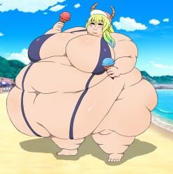 1girls beach fat female ice_cream lucoa miss_kobayashi's_dragon_maid obese_female obsese overweight overweight_female quetzalcoatl_(dragon_maid) roxas617 sling_bikini ssbbw