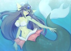 1girls 2018 5_fingers big_breasts blue_eyes bra breasts cleavage clothed clothing digital_media_(artwork) eyebrows eyelashes female fingers giga_mermaid hair hi_res long_hair looking_at_viewer marine merfolk navel non-mammal_breasts pastelletta seashell_bra shantae shantae:_half-genie_hero smile solo split_form unavailable_at_source underwater underwear water wayforward