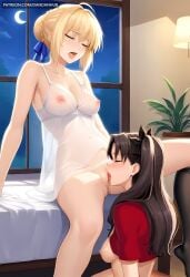 2girls ahoge ai_generated artoria_pendragon bed black_hair blonde_hair blue_ribbon blush bottomless braid breasts closed_eyes crescent_moon cunnilingus dandanhub fate/grand_order fate/stay_night fate_(series) green_eyes hair_bun hair_intakes hair_ribbon indoors lamp long_hair medium_breasts moon multiple_girls night nipples open_mouth oral pussy ribbon saber see-through single_hair_bun sitting spread_legs tohsaka_rin tohsaka_rin tongue tongue_out two_side_up uncensored window yuri